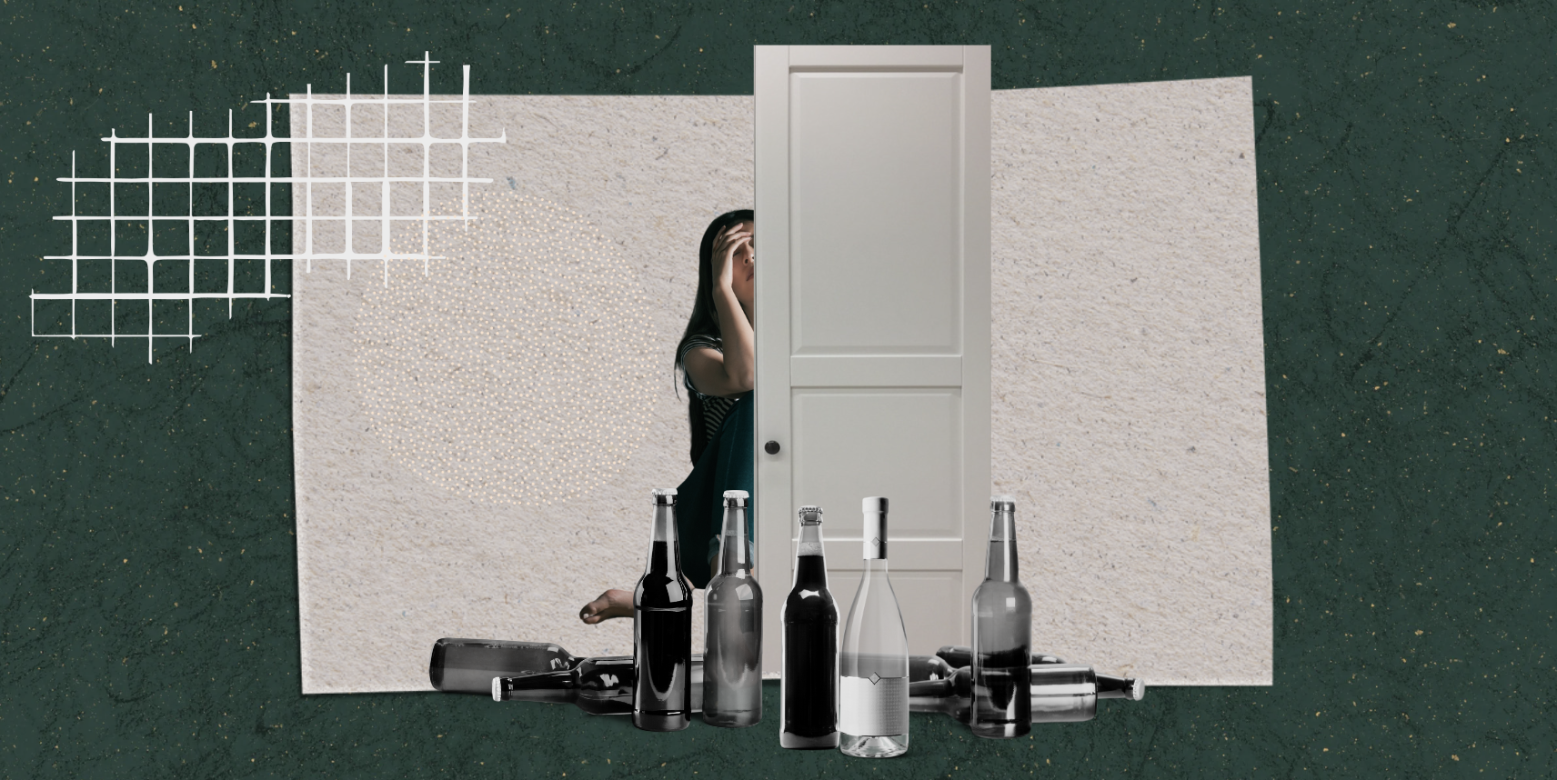 a woman is hiding behind a white door. alcohol bottles everywhere in the front.